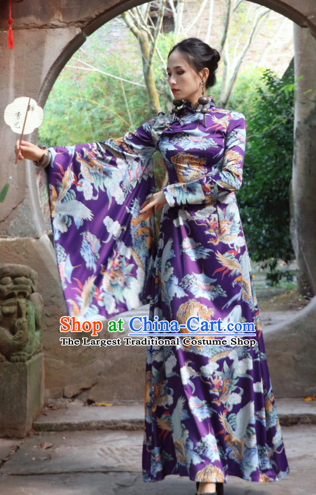 Chinese Style Modified Runway Cheongsam Purple Dragon Tiger Eagle Chiffon Dress Asymmetric Sleeve Stand Collar Qipao