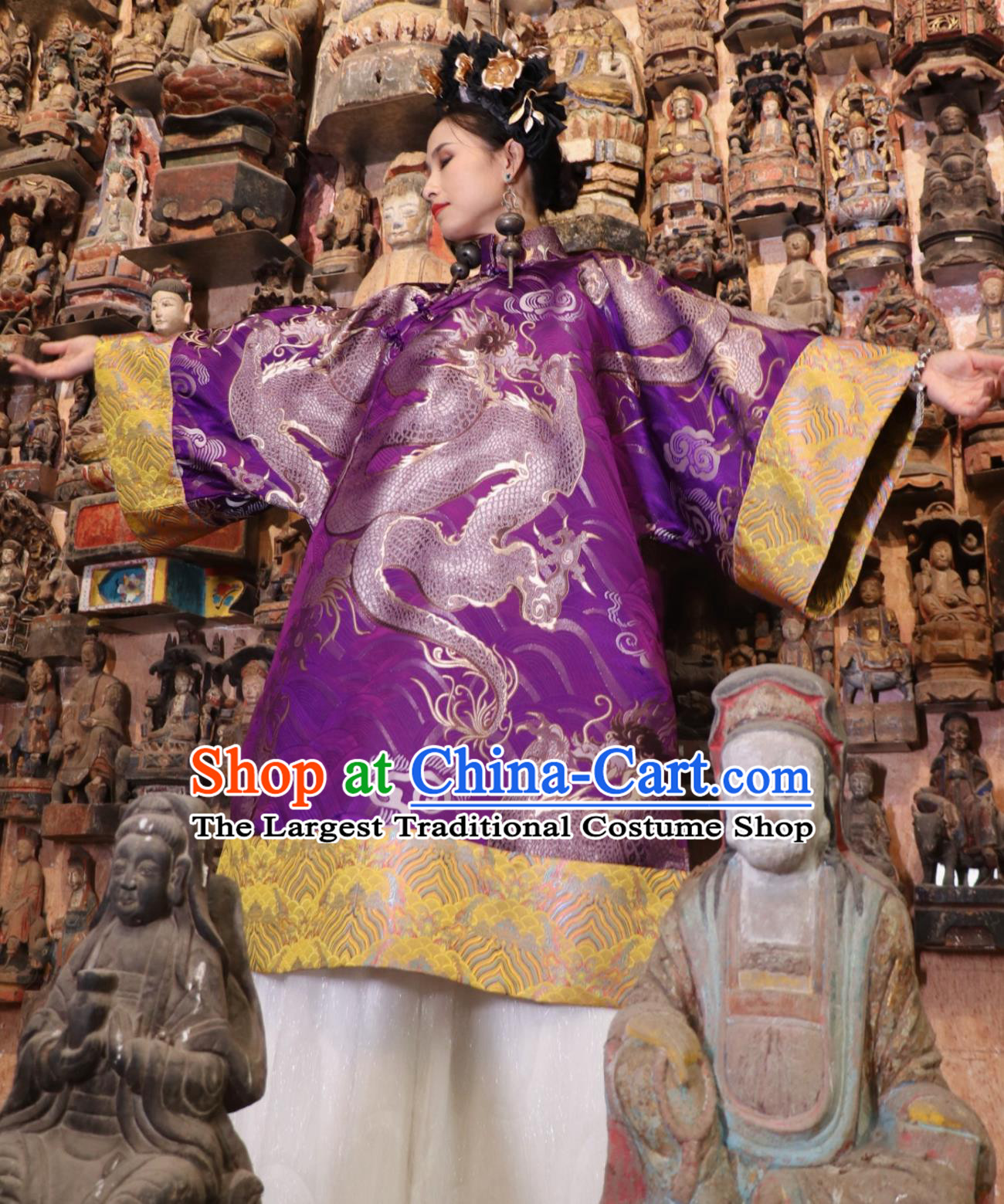 Chinese Style Cheongsam Purple Gold Dragon Jacquard Stand Collar Robe Modified Hanfu
