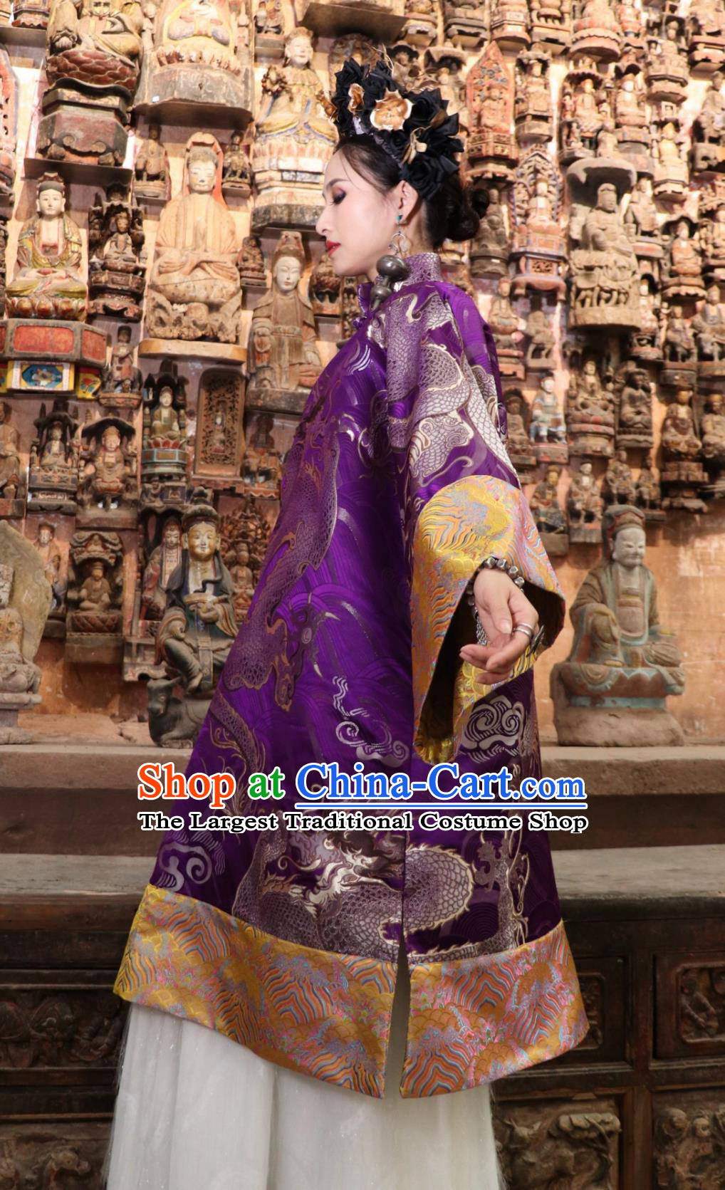 Chinese Style Cheongsam Purple Gold Dragon Jacquard Stand Collar Robe Modified Hanfu