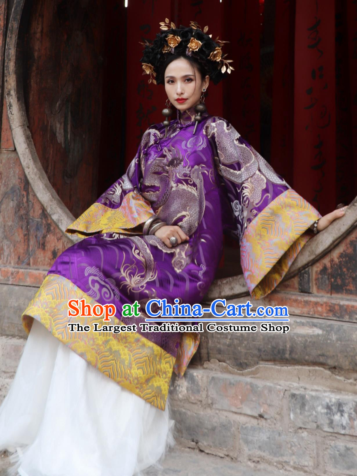 Chinese Style Cheongsam Purple Gold Dragon Jacquard Stand Collar Robe Modified Hanfu