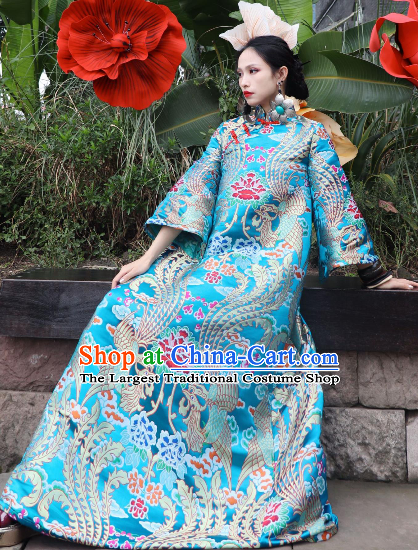 Lake Blue Phoenix Cloud Brocade Chinese Dress Traditional Loose Cheongsam Bell Sleeve Robe
