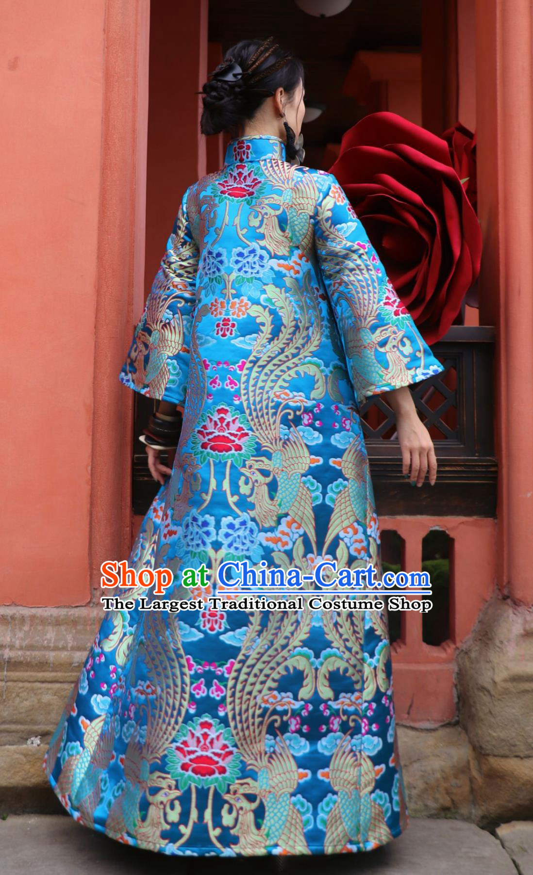 Lake Blue Phoenix Cloud Brocade Chinese Dress Traditional Loose Cheongsam Bell Sleeve Robe