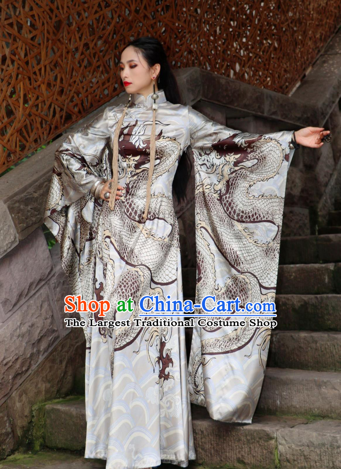 Pearl Luster Silver Dragon High Neck Wide Sleeve Dress Chinese Dragon Robe Runway Cheongsam