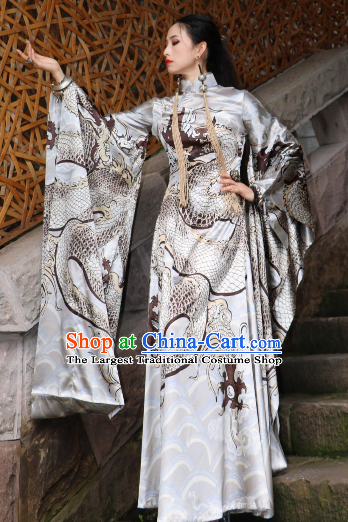 Pearl Luster Silver Dragon High Neck Wide Sleeve Dress Chinese Dragon Robe Runway Cheongsam
