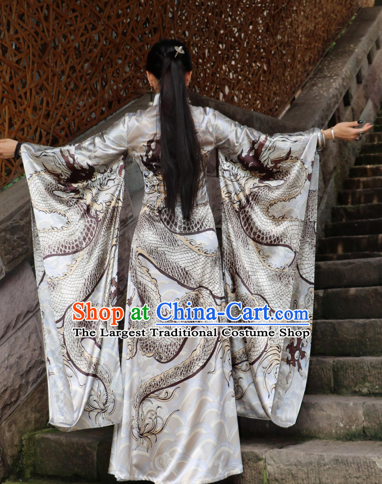 Pearl Luster Silver Dragon High Neck Wide Sleeve Dress Chinese Dragon Robe Runway Cheongsam