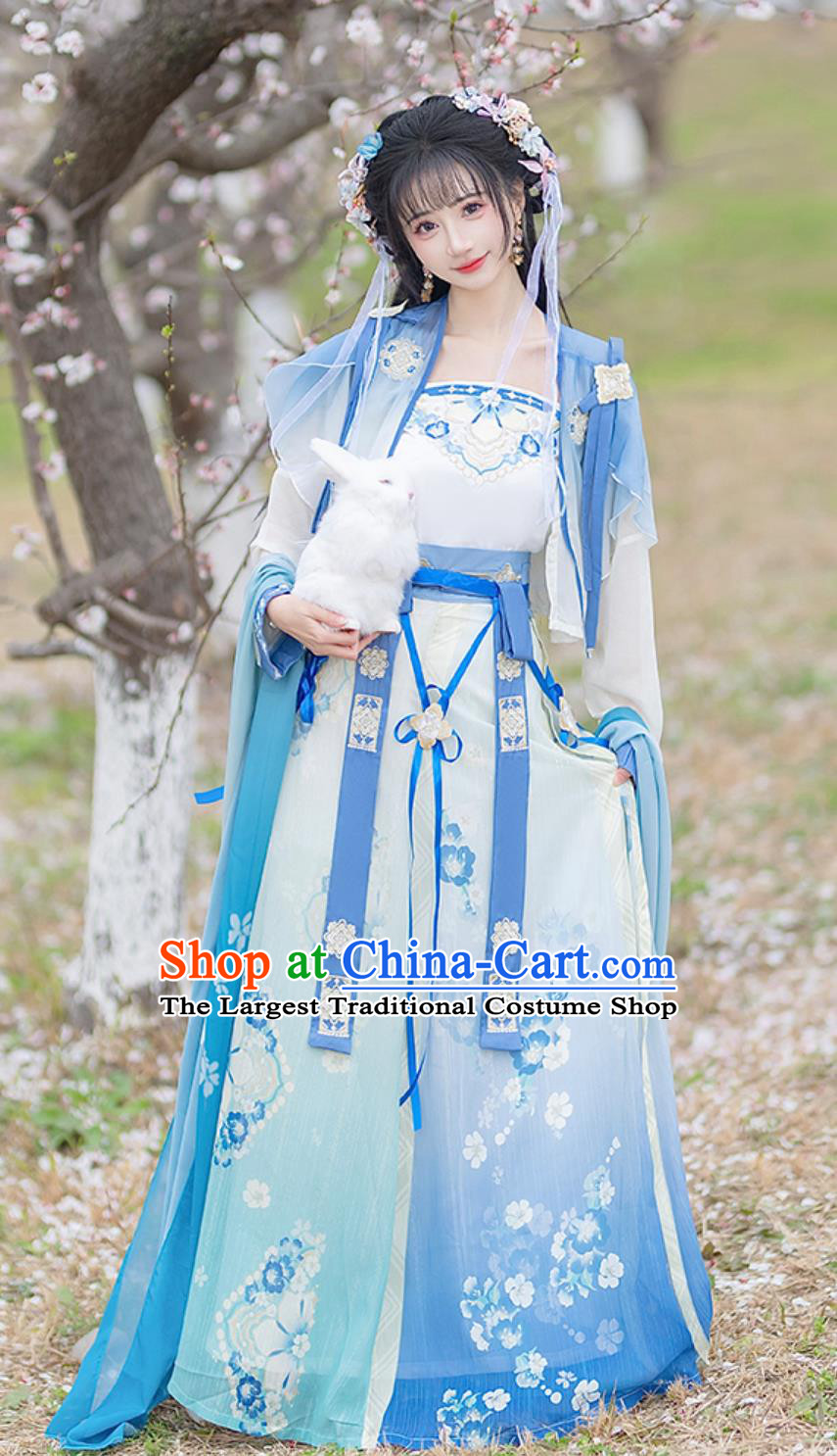 Chinese Song Dynasty Hanfu Women High Waist Skirt Top and Blouse Ancient Fairy Blue Dress