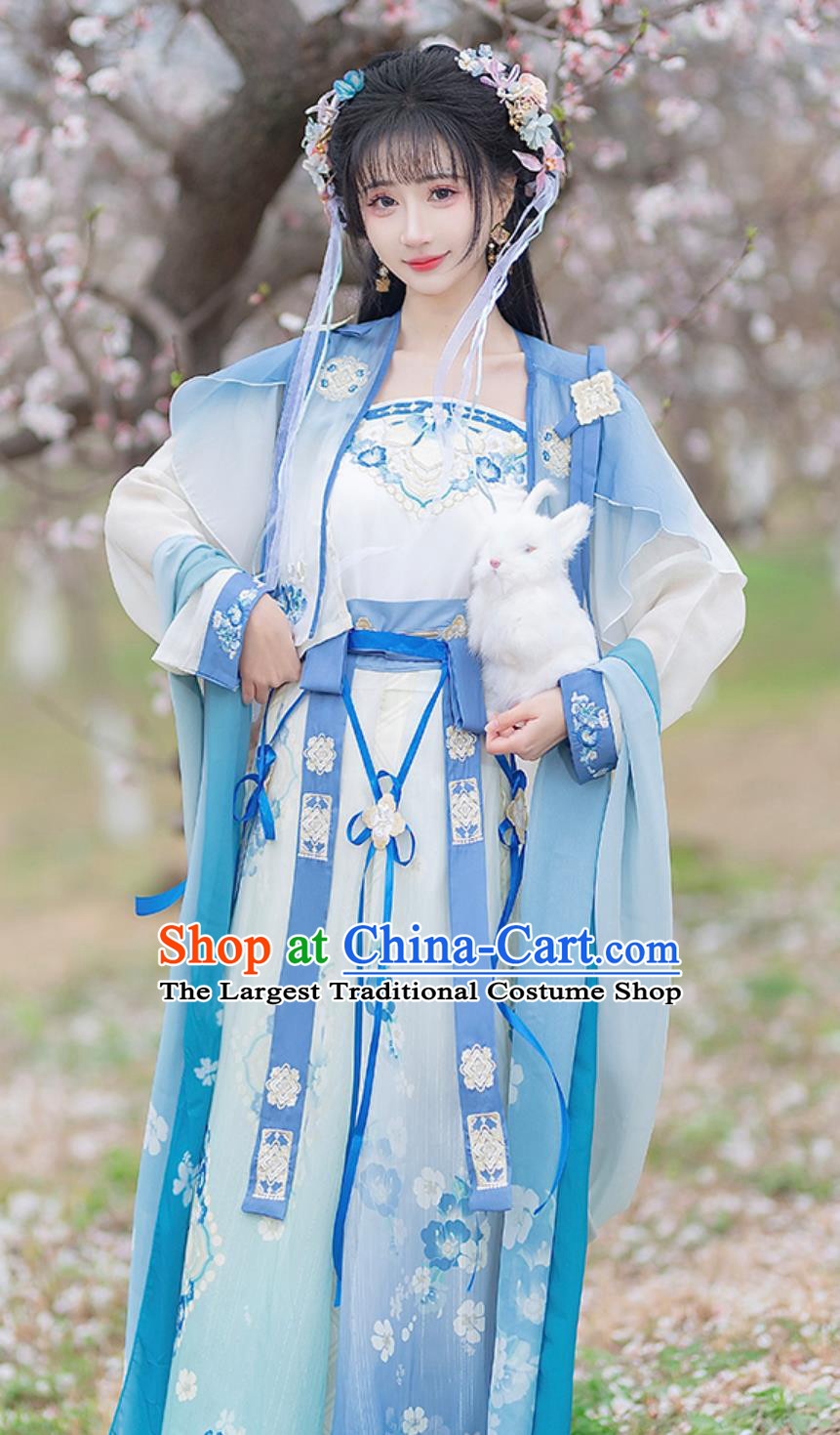 Chinese Song Dynasty Hanfu Women High Waist Skirt Top and Blouse Ancient Fairy Blue Dress