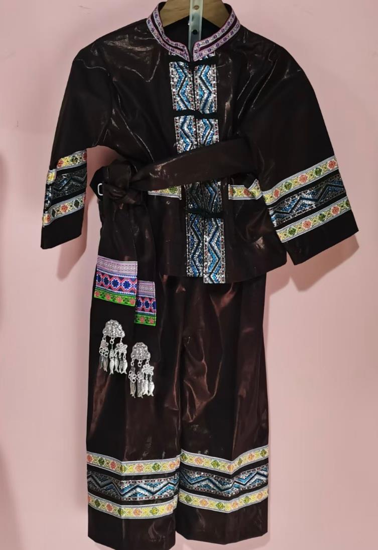 Guizhou Ethnic Minority Costume Chinese Dong Men Performance Suit Pants Belt Three Piece Set