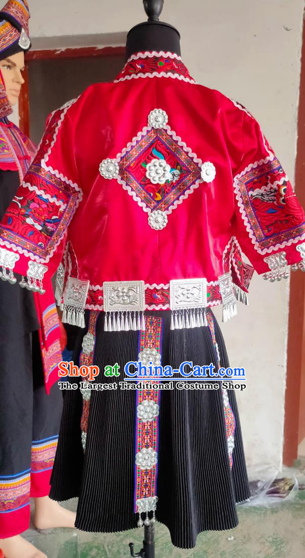 Guizhou Miao Ethnic Costume Chinese Minority Clothing Women Red Three Piece Set