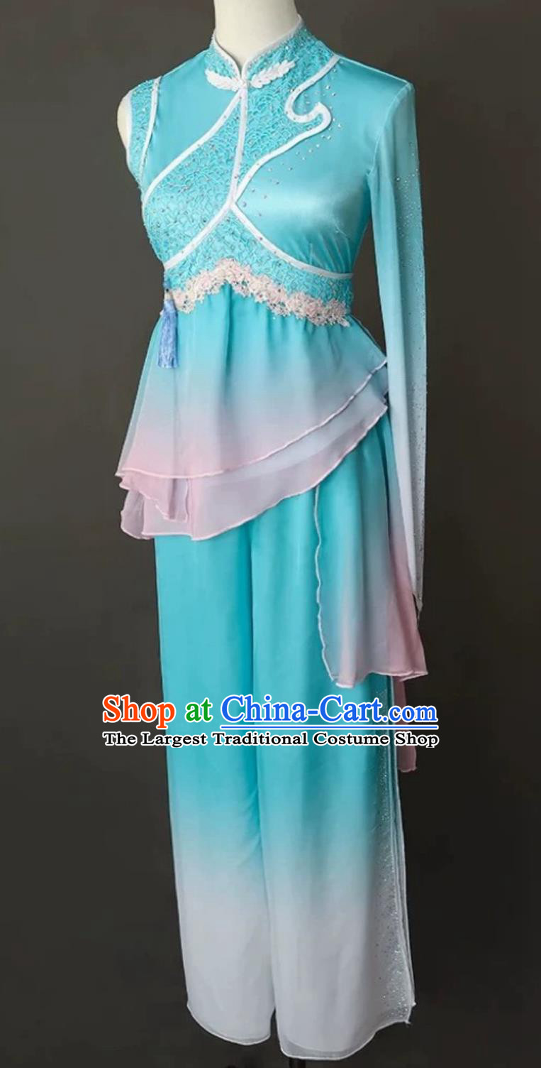 Jiaozhou Yangko Dance Costume Lan Shui Jian Yue Yuan Coin Drum Classical Dance Clothing Fan Dance Blue Outfit