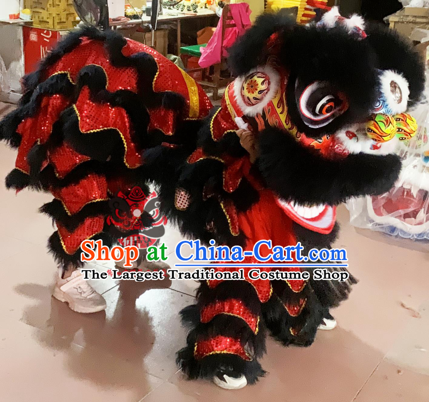 Children Double Lion Dance Costumes  Inch Foam Lion Head Eye Chinese Black Fur Awakening Lion Set
