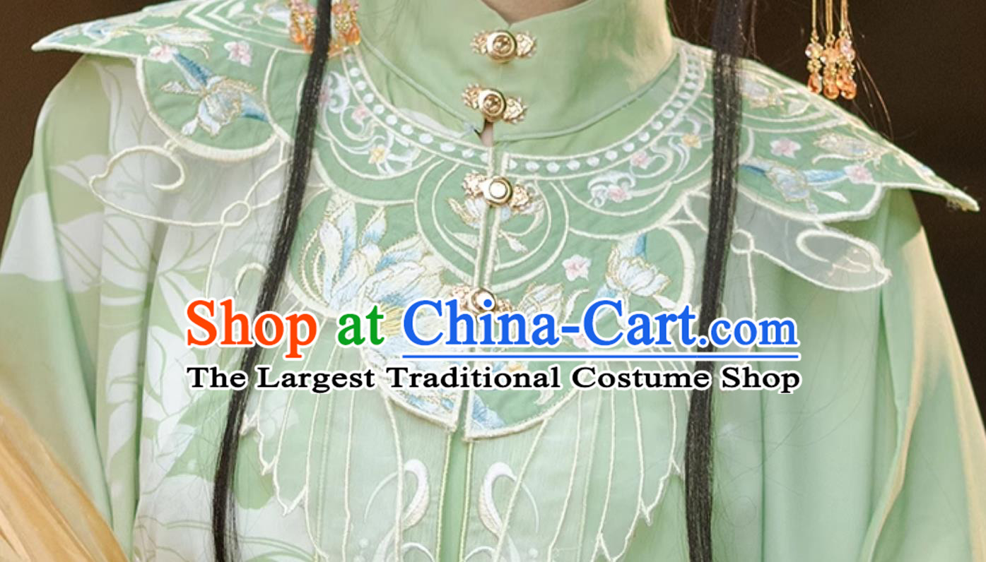 Chinese Ming Dynasty Hanfu Green Traditional Costume Women Cloud Shoulder Cape Long Robe Horse Face Skirt Set