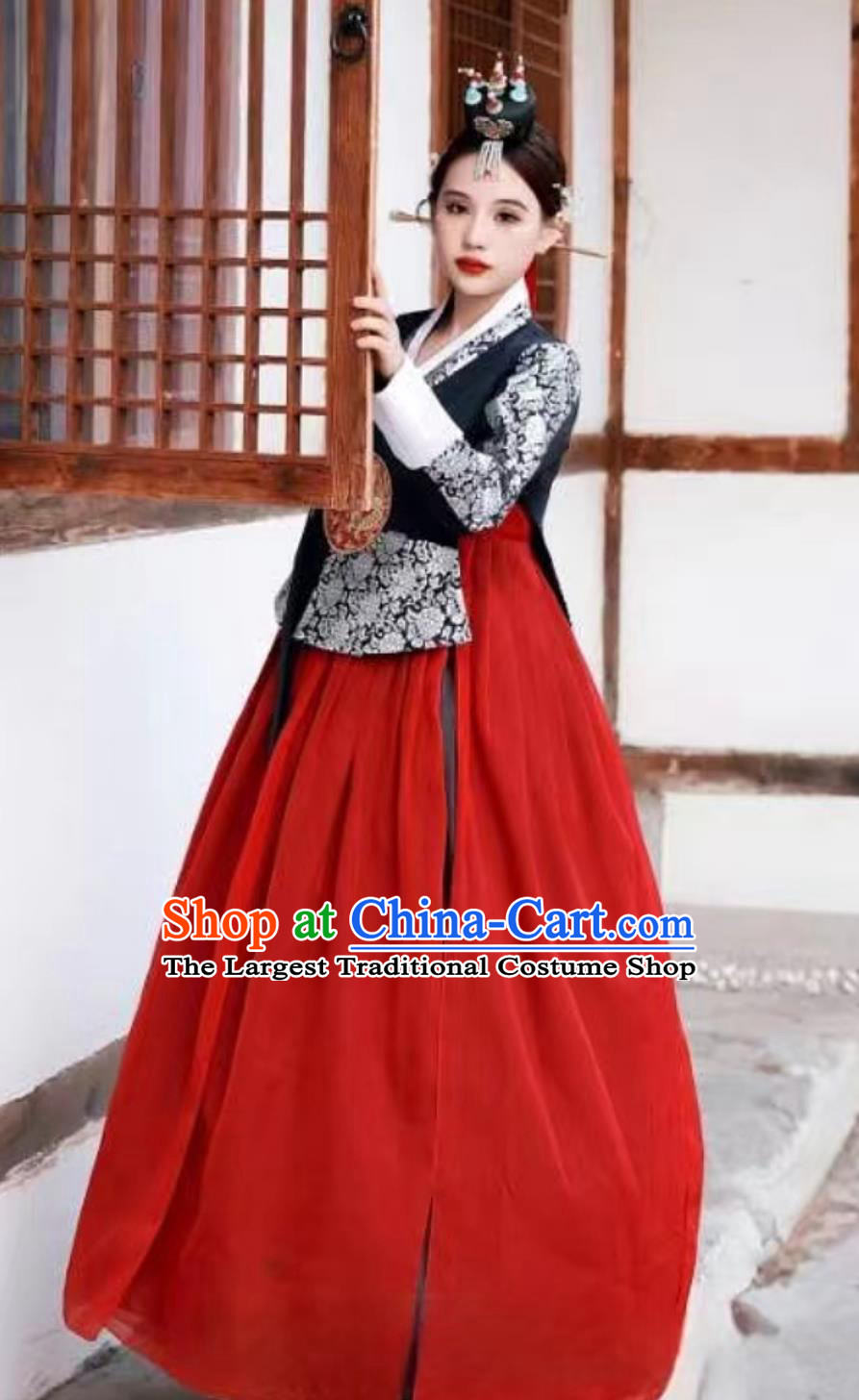 Korean Ethnic Women Silver Embroidered Hanbok Princess Palace Gown Daily Wear Set