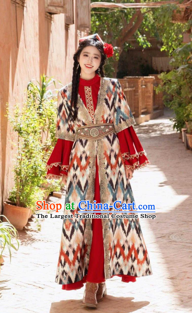Xinjiang Kashgar Uyghur Princess Costume National Atlas Dress Retro Ethnic Dance Women Outfit
