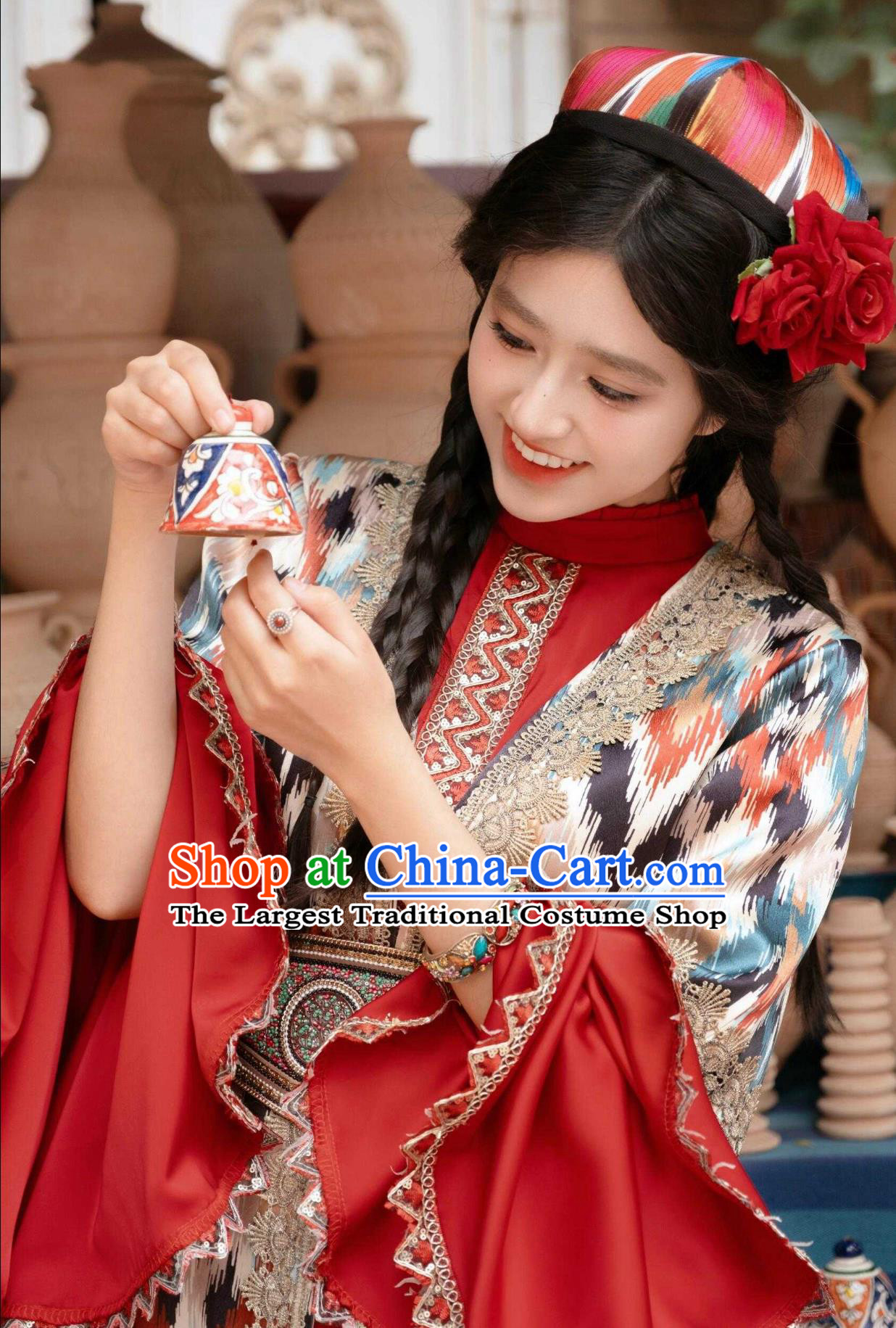 Xinjiang Kashgar Uyghur Princess Costume National Atlas Dress Retro Ethnic Dance Women Outfit