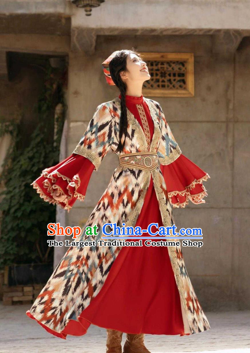 Xinjiang Kashgar Uyghur Princess Costume National Atlas Dress Retro Ethnic Dance Women Outfit