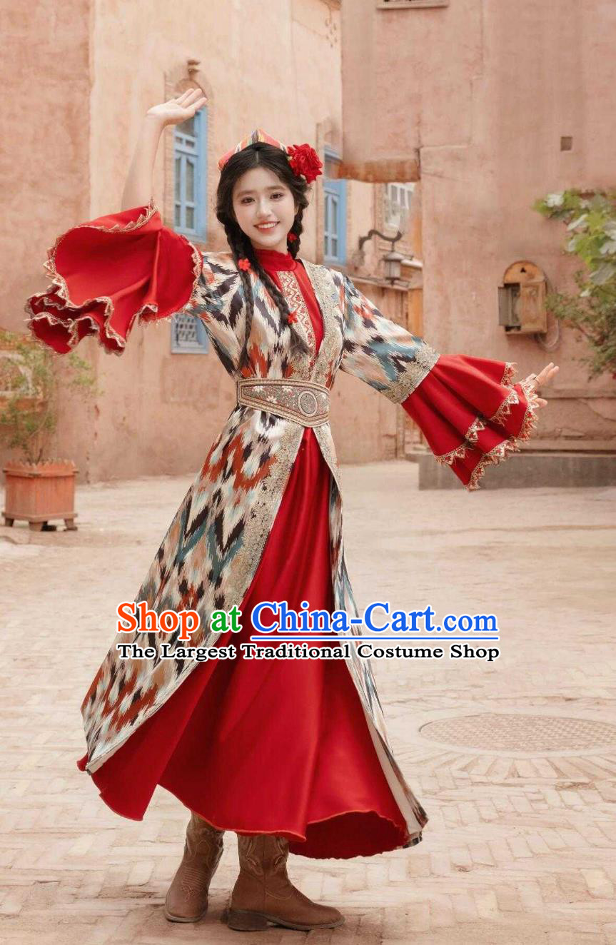 Xinjiang Kashgar Uyghur Princess Costume National Atlas Dress Retro Ethnic Dance Women Outfit