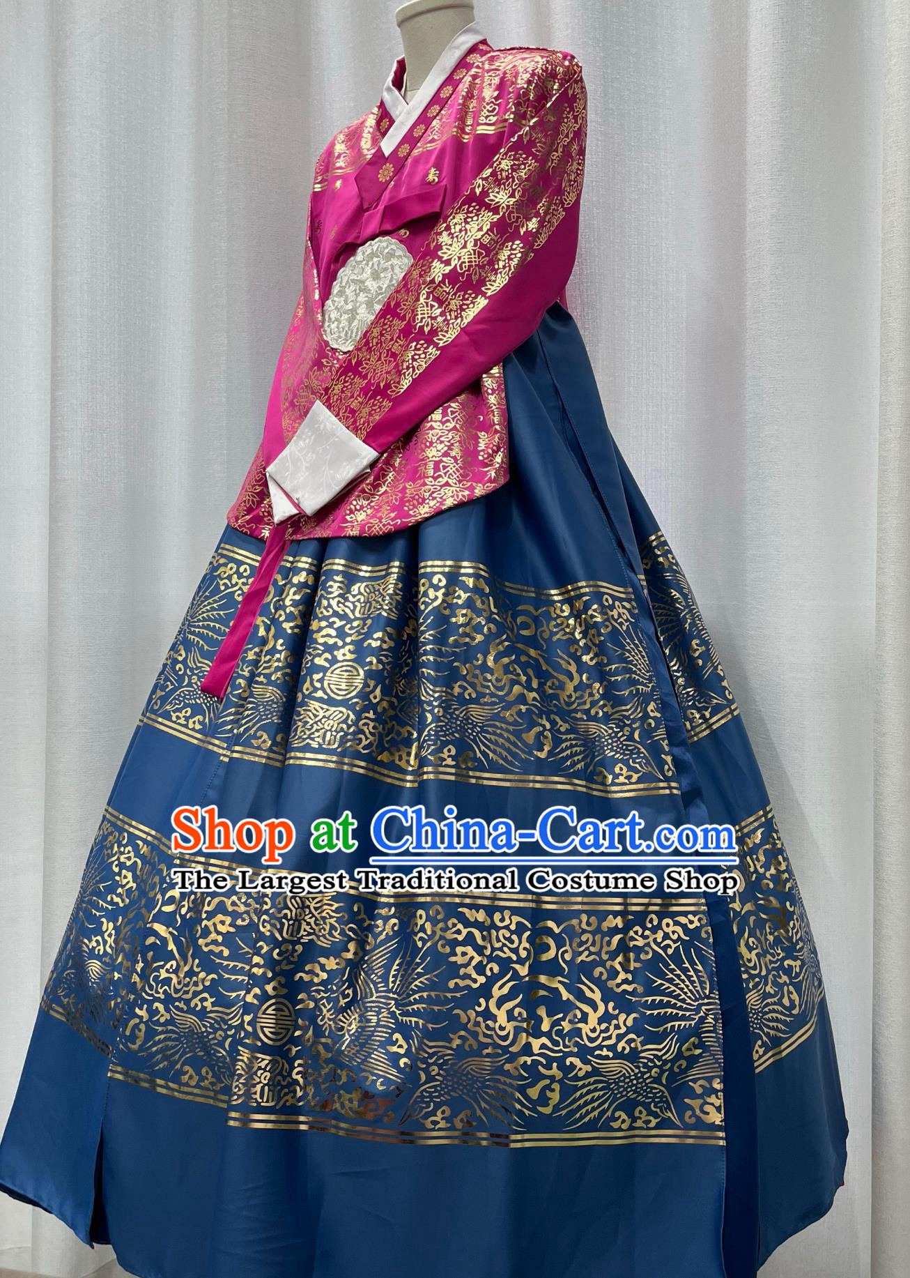 Korean Hanbok Traditional Palace Gown Noble Princess Rosy Blouse and Blue Dress Set