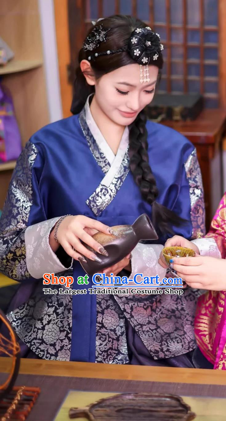 Korean Hanbok Traditional Palace Gown Noble Princess Blue Blouse and Purple Dress Set