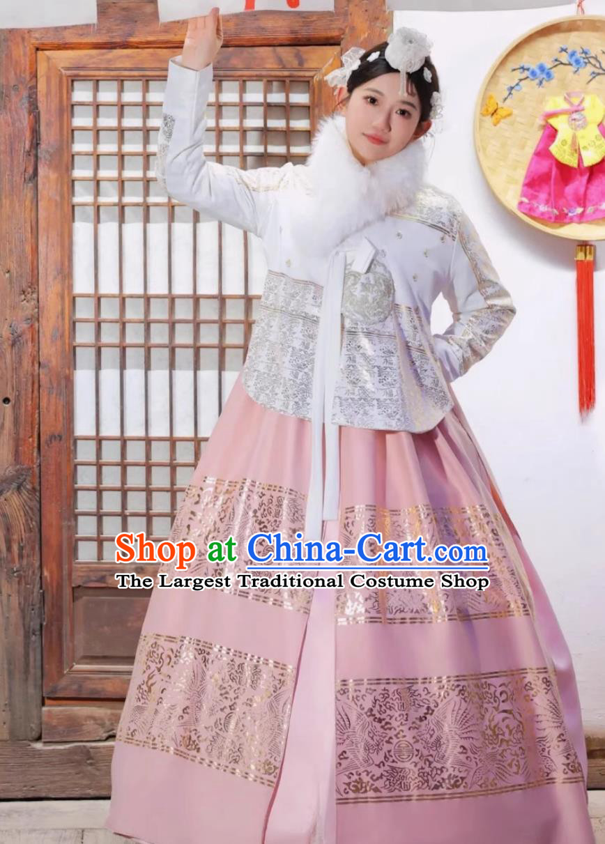 Korean Ancient Court Style Ethnic Attire Hanbok Yanji Princess White Blouse and Pink Dress Set
