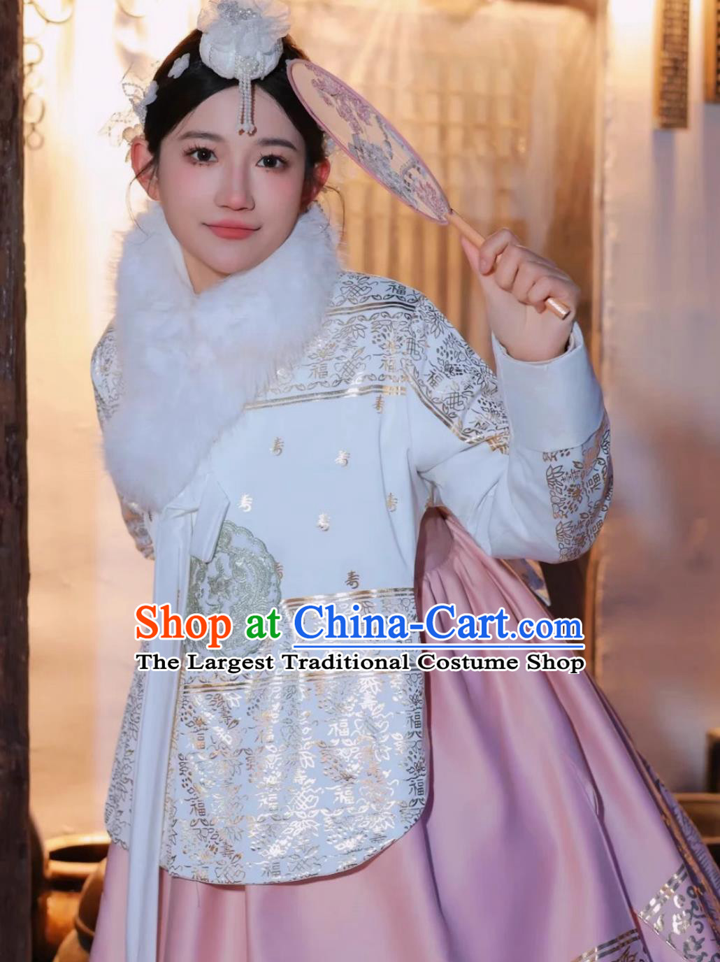 Korean Ancient Court Style Ethnic Attire Hanbok Yanji Princess White Blouse and Pink Dress Set