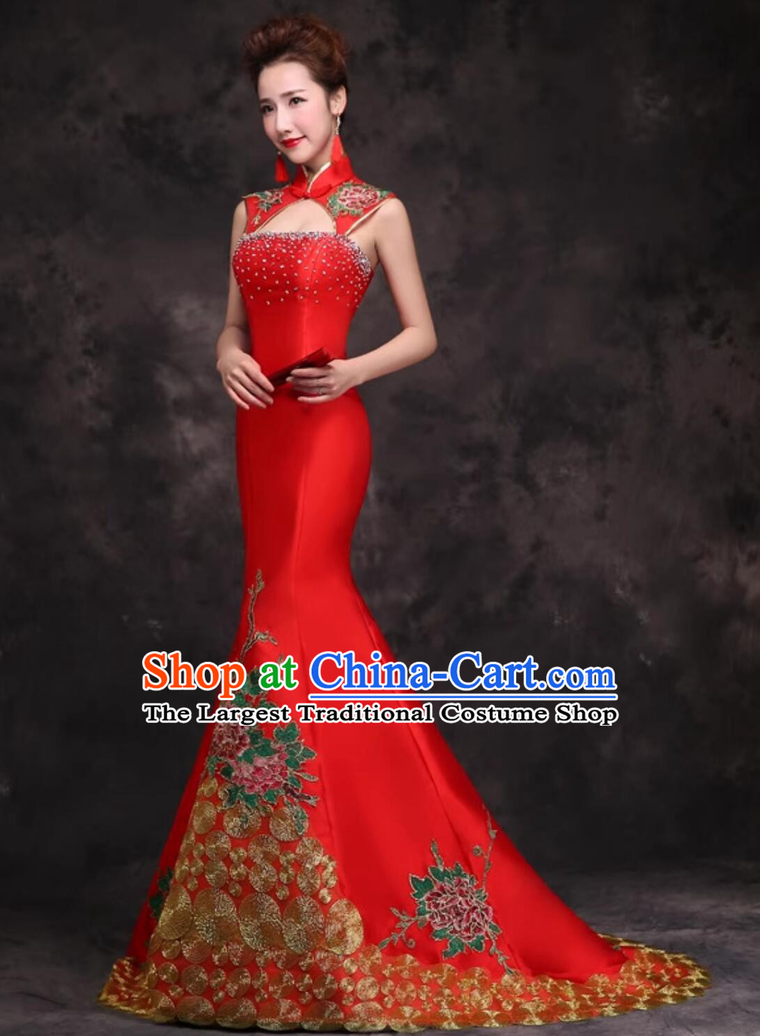 Chinese Style Performance Qipao Wedding Banquet Dress Embroidered Mermaid Tail Evening Gown
