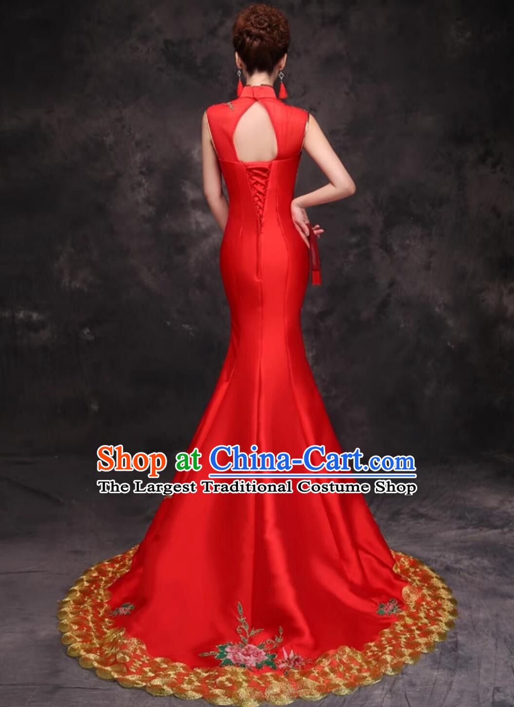 Chinese Style Performance Qipao Wedding Banquet Dress Embroidered Mermaid Tail Evening Gown
