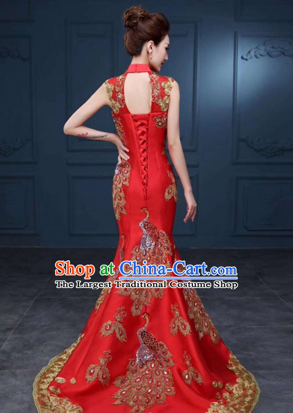 Red Phoenix Bride Dress Hostess Evening Gala Mermaid Long Train Gown Chinese Style Costume