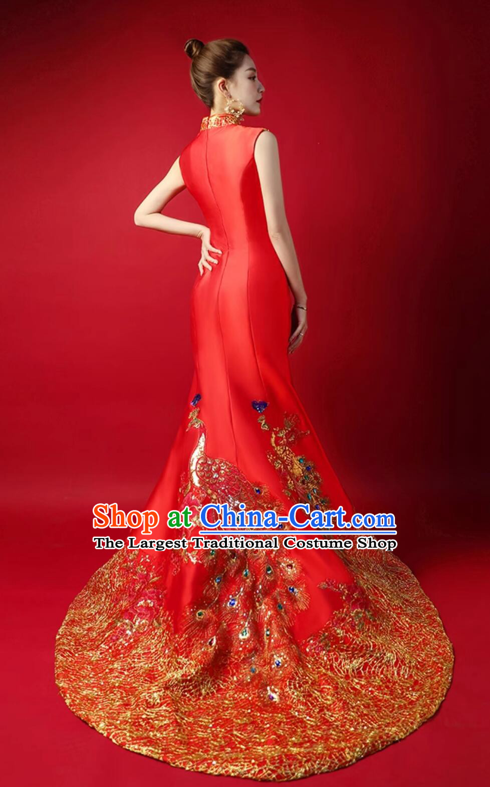 Chinese Style Red Train Gown Model Runway Show Red Mermaid Dress Bride Wedding Qipao