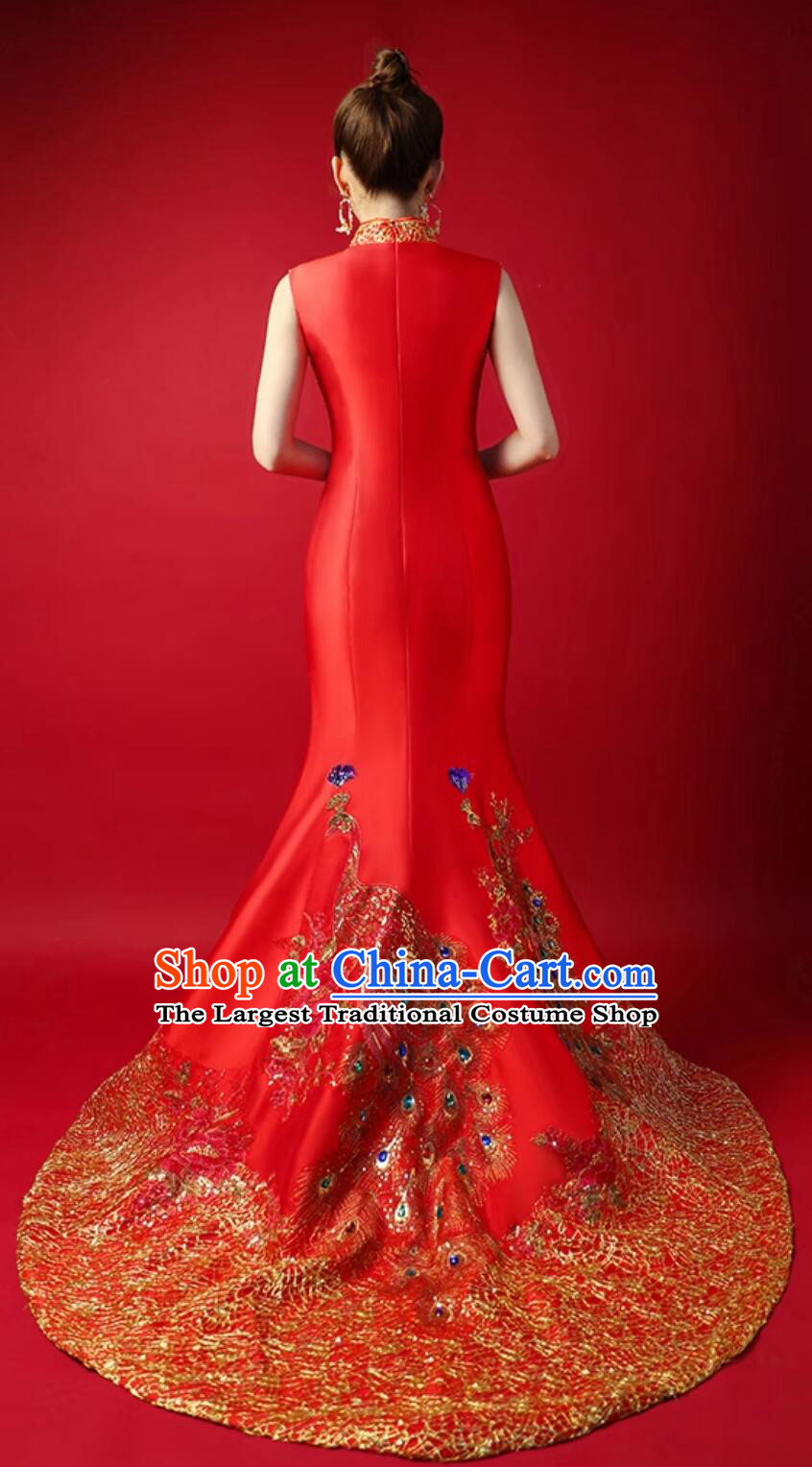 Chinese Style Red Train Gown Model Runway Show Red Mermaid Dress Bride Wedding Qipao