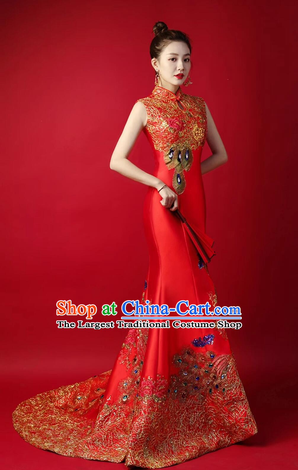 Chinese Style Red Train Gown Model Runway Show Red Mermaid Dress Bride Wedding Qipao
