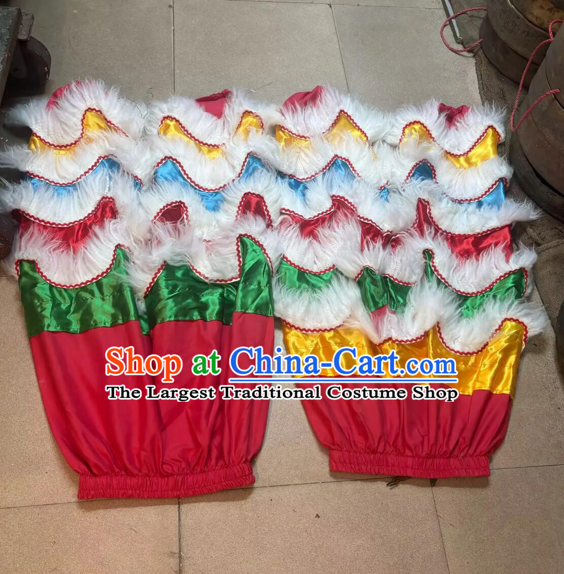 Colorful Satin Lion Dance Tail and Pants Traditional Wool Lion Costumes Set