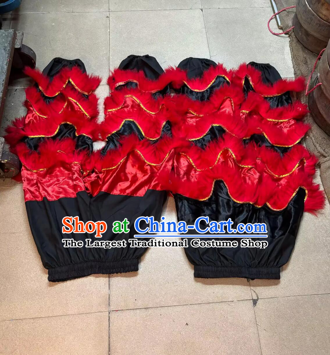 Red and Black Satin Lion Dance Tail and Pants Traditional Zhang Fei Lion Costumes Set