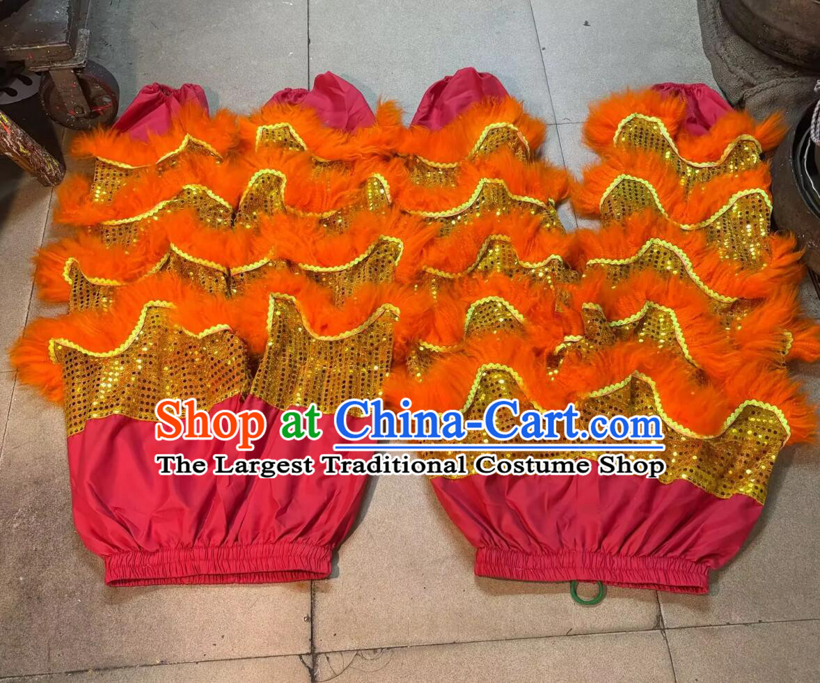 Golden Sequins Chinese Lion Dance Tail and Pants Traditional Orange Wool Lion Costumes Set