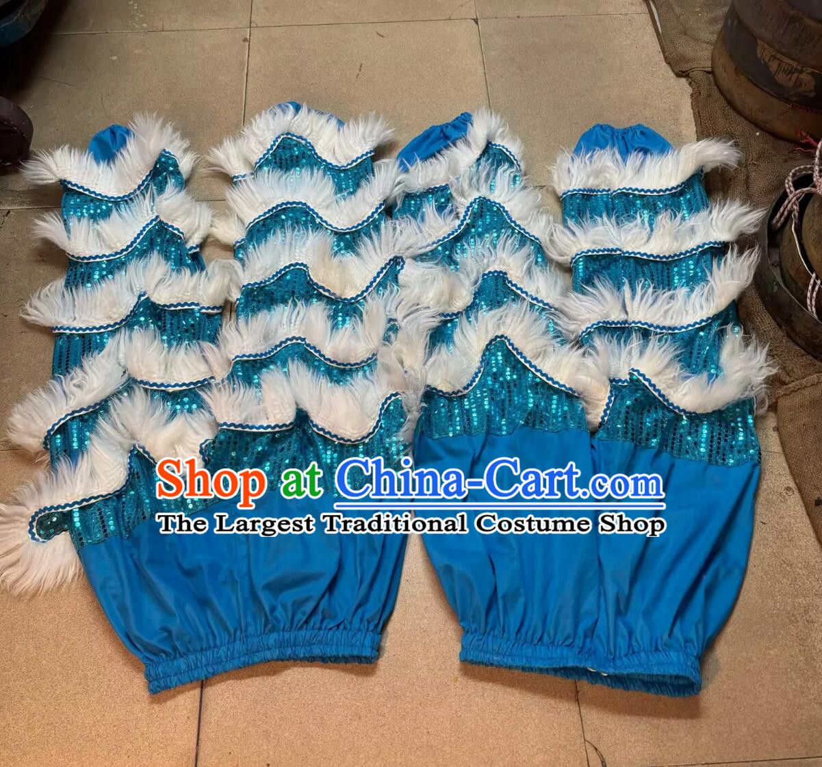 Blue Sequins Chinese Lion Dance Tail and Pants Traditional White Wool Lion Costumes Set