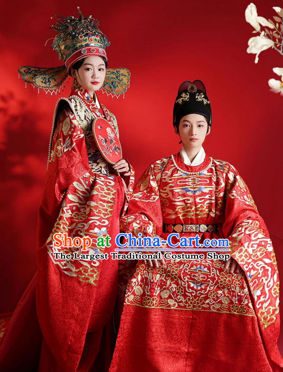 Chinese Hanfu Wedding Attires Traditional Ming Dynasty Embroidered Gowns Couple Complete Set