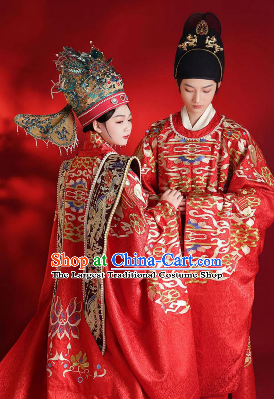 Chinese Hanfu Wedding Attires Traditional Ming Dynasty Embroidered Gowns Couple Complete Set