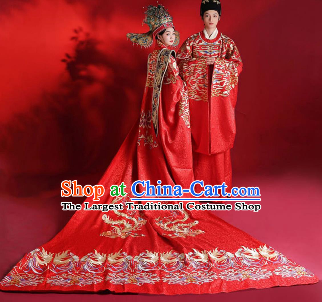 Chinese Hanfu Wedding Attires Traditional Ming Dynasty Embroidered Gowns Couple Complete Set