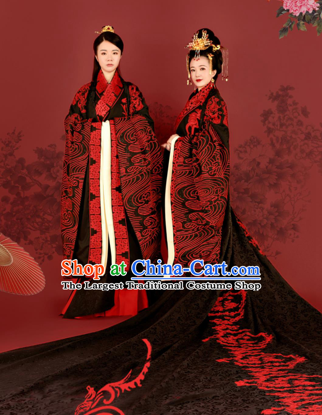 Black and Red Zhou Dynasty Hanfu Wedding Attires Chinese Ancient Embroidery Costumes