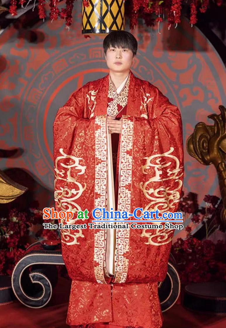 Zhou Dynasty Hanfu Wedding Dress Heavy Embroidery Long Train Attires Ancient Chinese Couple Red Outfits