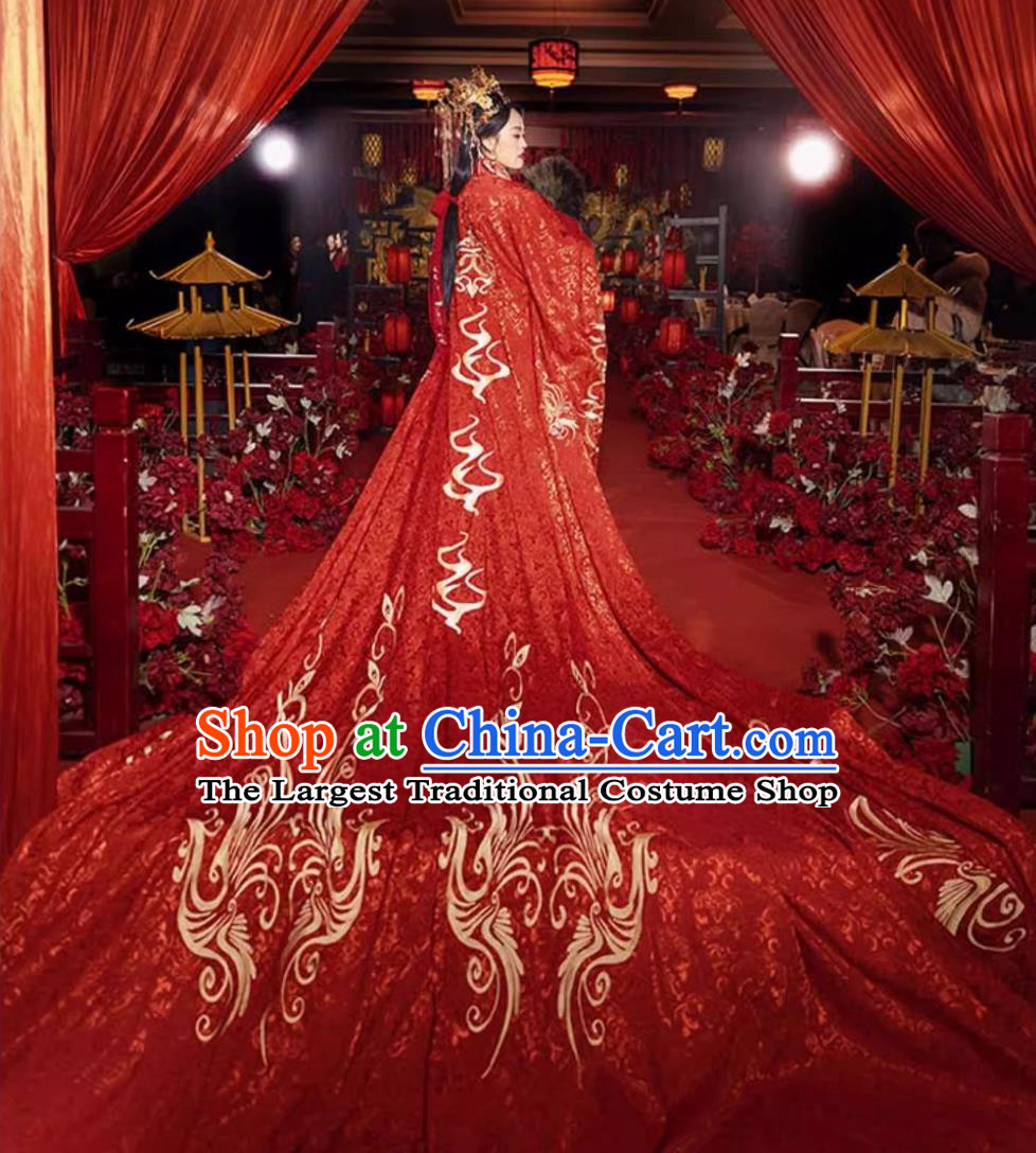 Zhou Dynasty Hanfu Wedding Dress Heavy Embroidery Long Train Attires Ancient Chinese Couple Red Outfits