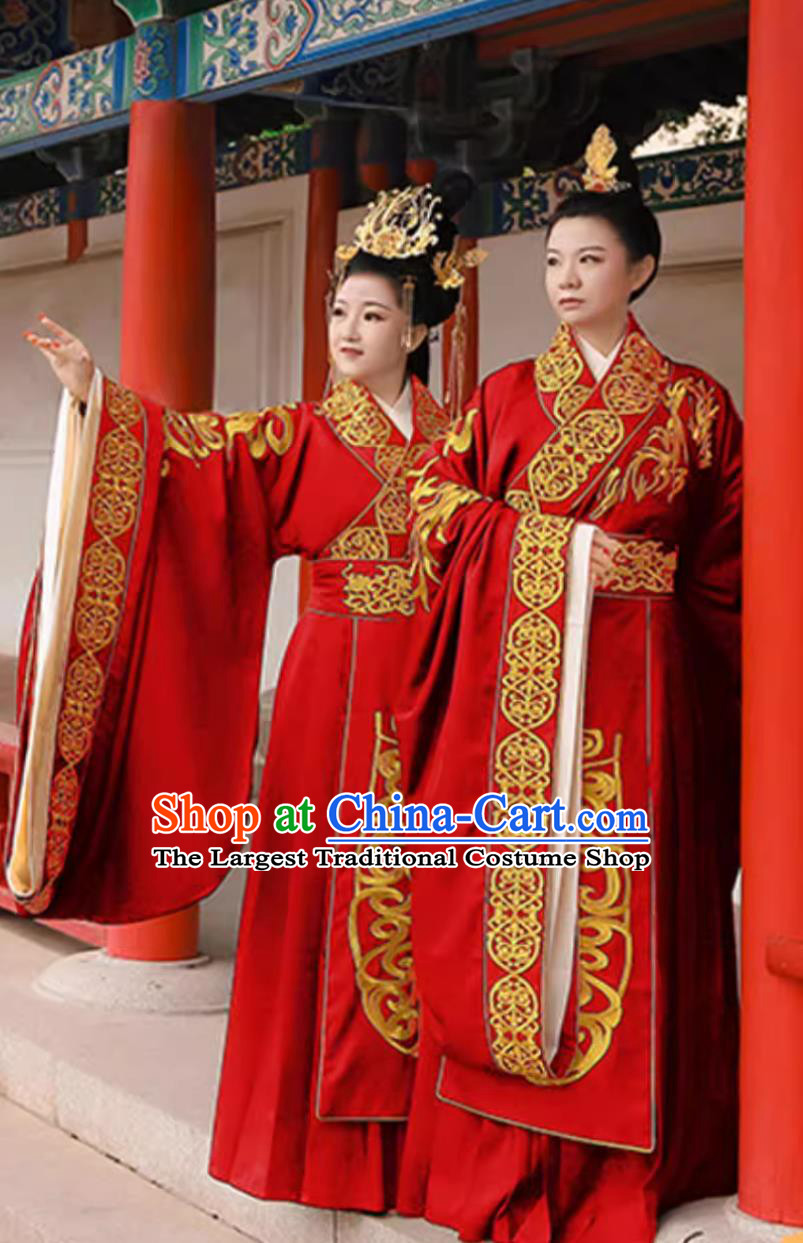 Zhou Dynasty Hanfu Chinese Wedding Gown Embroidered Costumes Ancient Bride and Groom Clothing Set