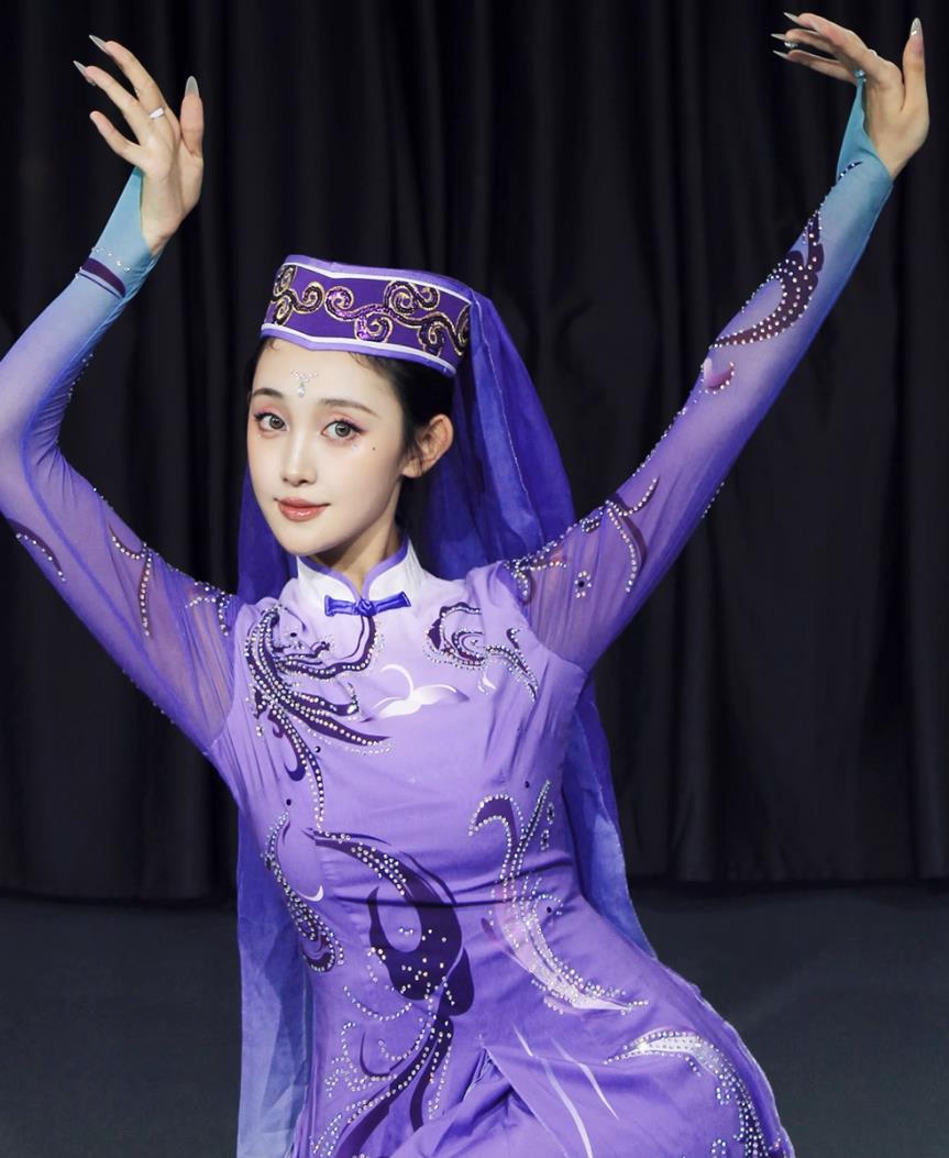 Chinese Ethnic Hui Uygur Dance Costume Xinjiang Minority Performance Purple Outfit Art Exam National Attire