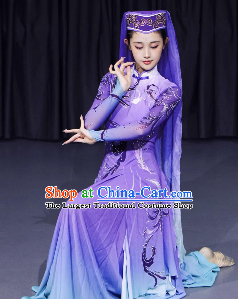 Chinese Ethnic Hui Uygur Dance Costume Xinjiang Minority Performance Purple Outfit Art Exam National Attire