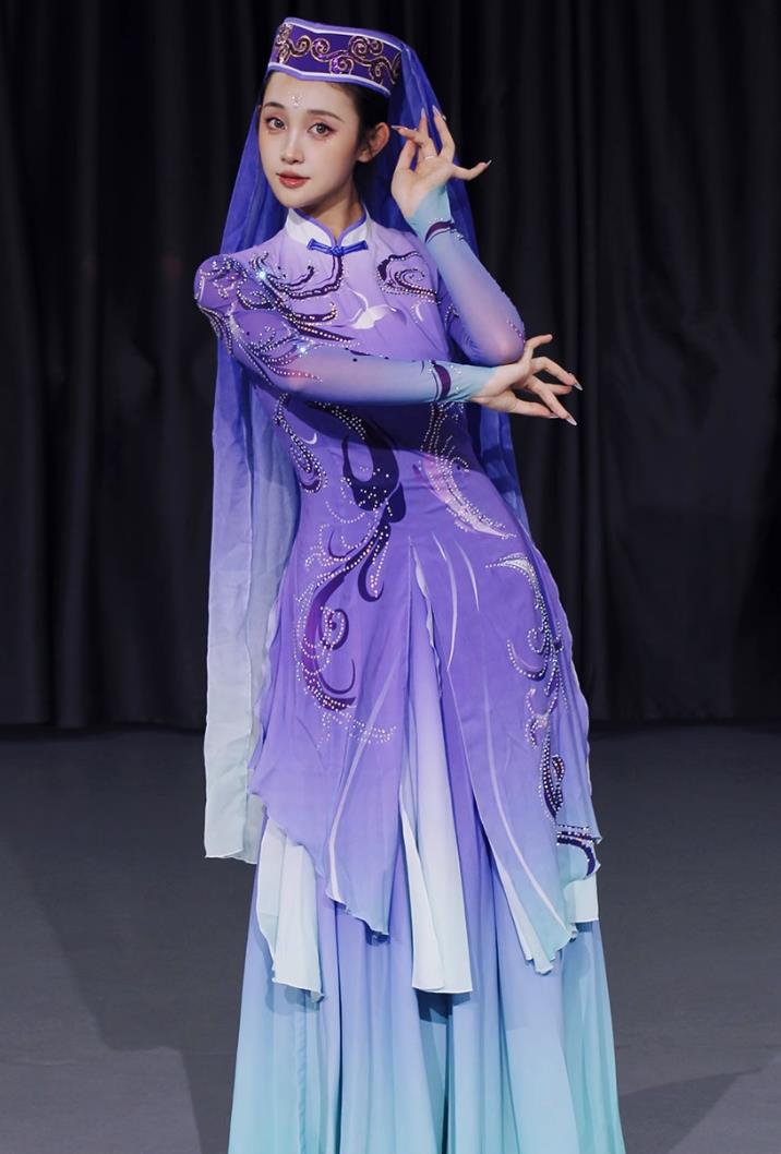 Chinese Ethnic Hui Uygur Dance Costume Xinjiang Minority Performance Purple Outfit Art Exam National Attire