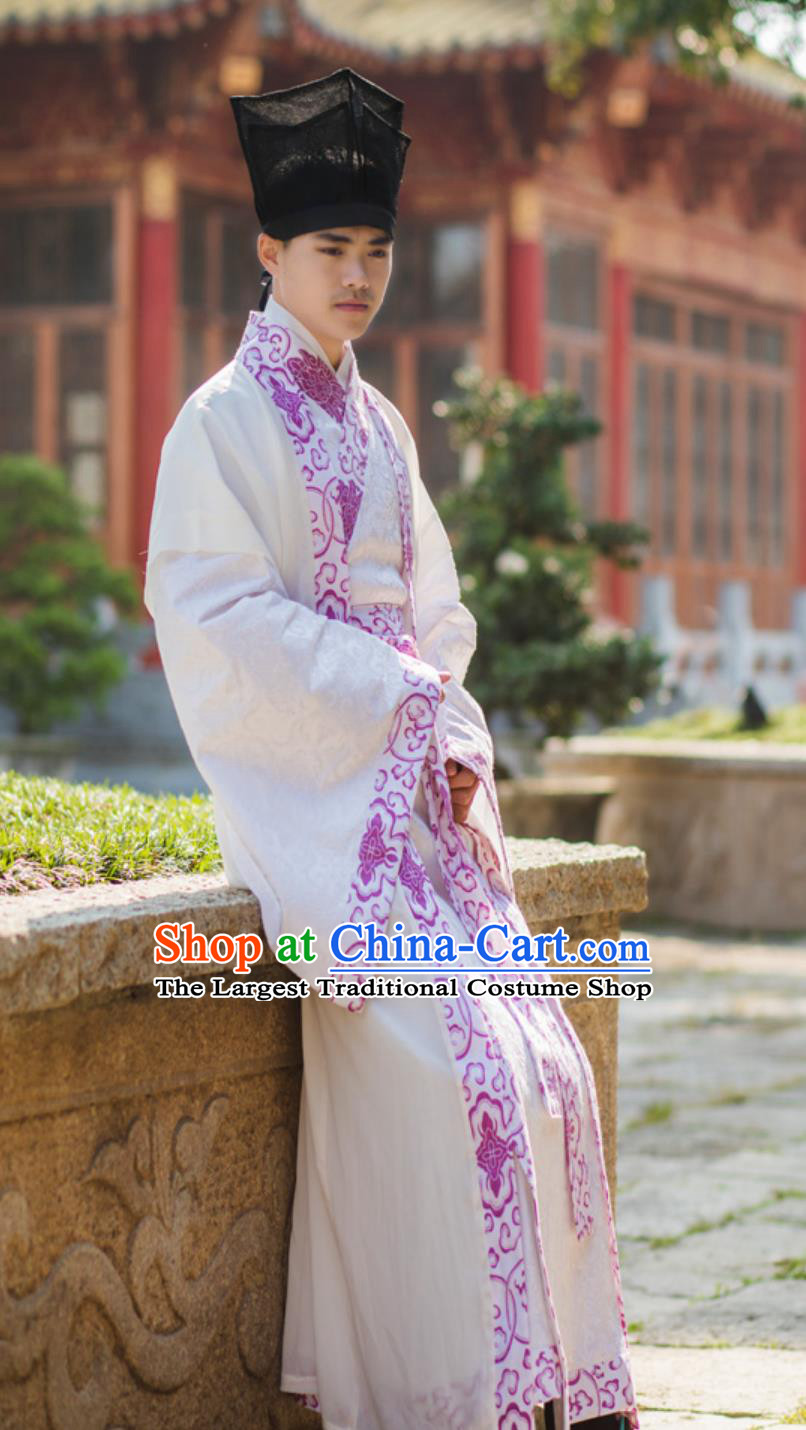 Ancient Chinese Scholar Clothing Mens Hanfu Ming Dynasty Zhiju Robe Chiffon Long Half Sleeve Outfit