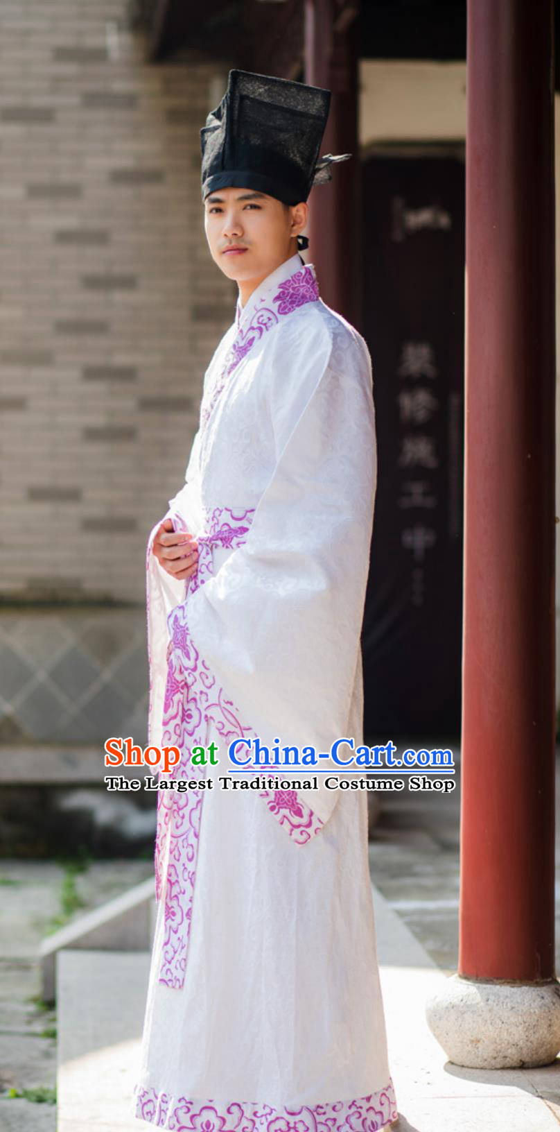 Ancient Chinese Scholar Clothing Mens Hanfu Ming Dynasty Zhiju Robe Chiffon Long Half Sleeve Outfit