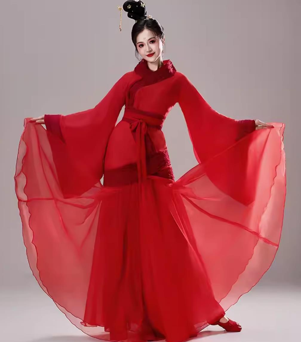 Red Chinese Hanfu Loong Boat Festival Wonder Tour Performance Dress Wide Sleeves Cai Wei Dance Costume