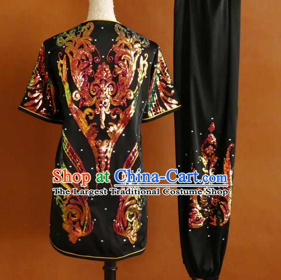 Sequins Embroidery Kung Fu Suit Martial Arts Training Competition Costume Wushu Chang Quan Black Uniform