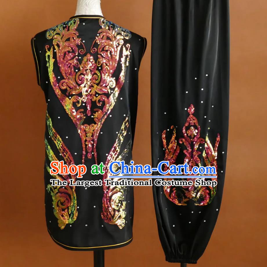 Wushu Nanquan Black Uniform Sequins Embroidery Kung Fu Suit Martial Arts Training Competition Costume